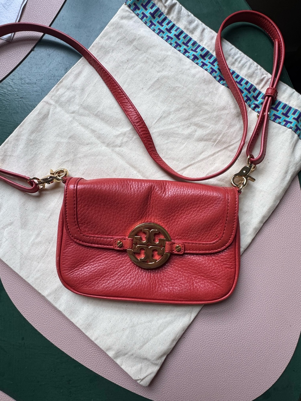 Tory Burch Red Pebbled Leather Crossbody with Gold Logo